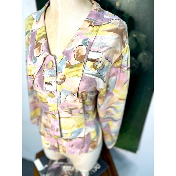 Watercolor Edwardian pink blue 80s  large collar button long sleeve blouse - Picture 9 of 12